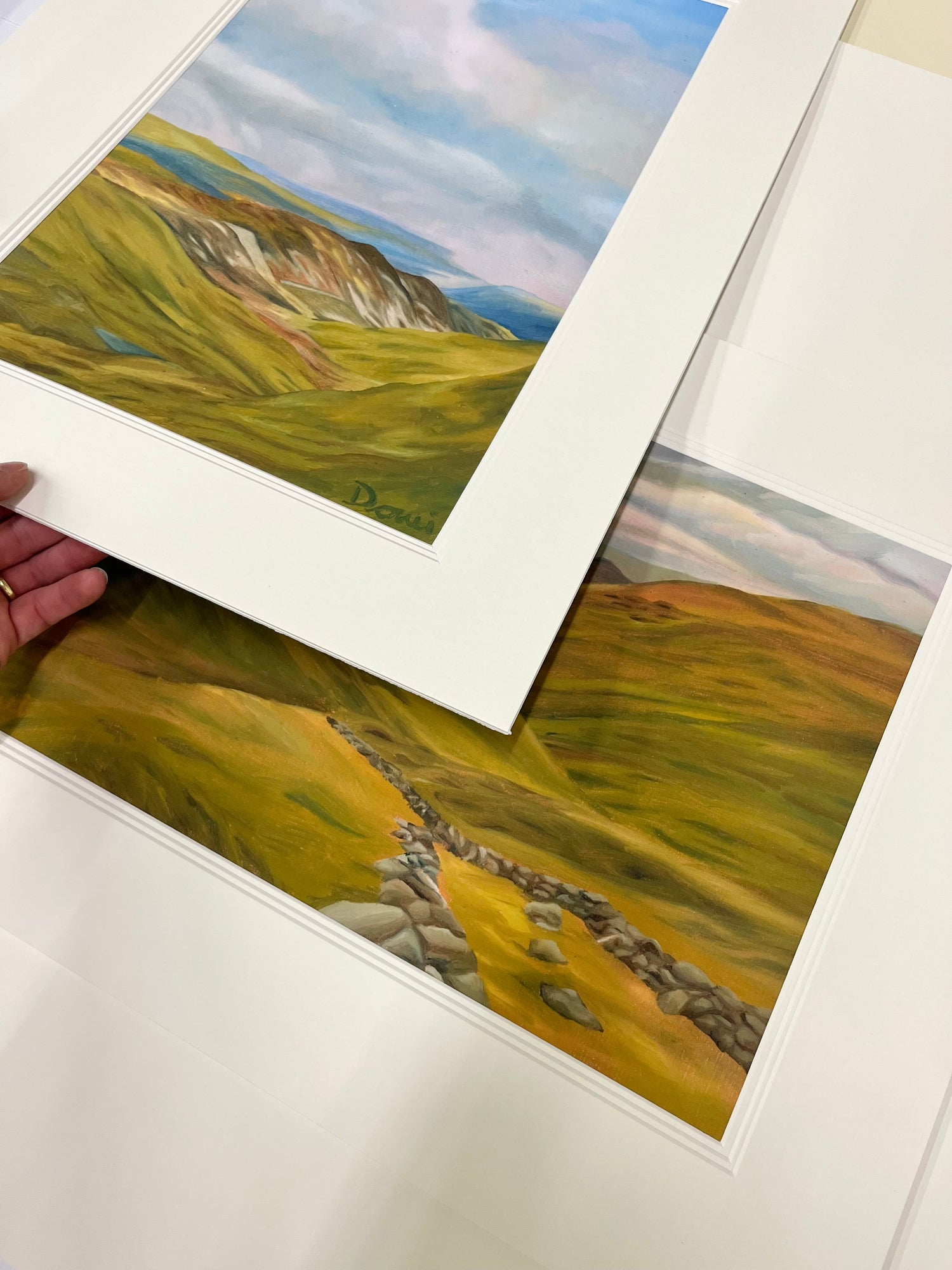 Two landscape paintings of green fields and cliffs, one being held up.